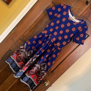 LULAROE Amelia Dress size S beautiful rich blue with colorful pattern accents